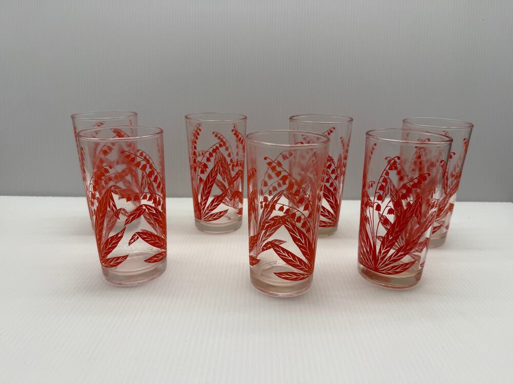 Libbey MCM Red Lily of the Valley / Lilies Drinking Glasses - Set of 7